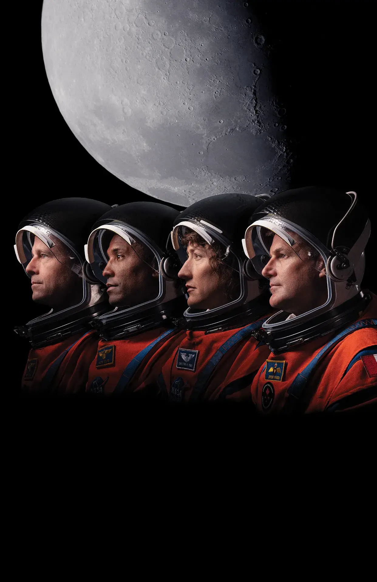 Экипаж Artemis II: Рид Уайзман, Виктор Гловер, Кристина Кох и Джереми Хансен на фоне Луны